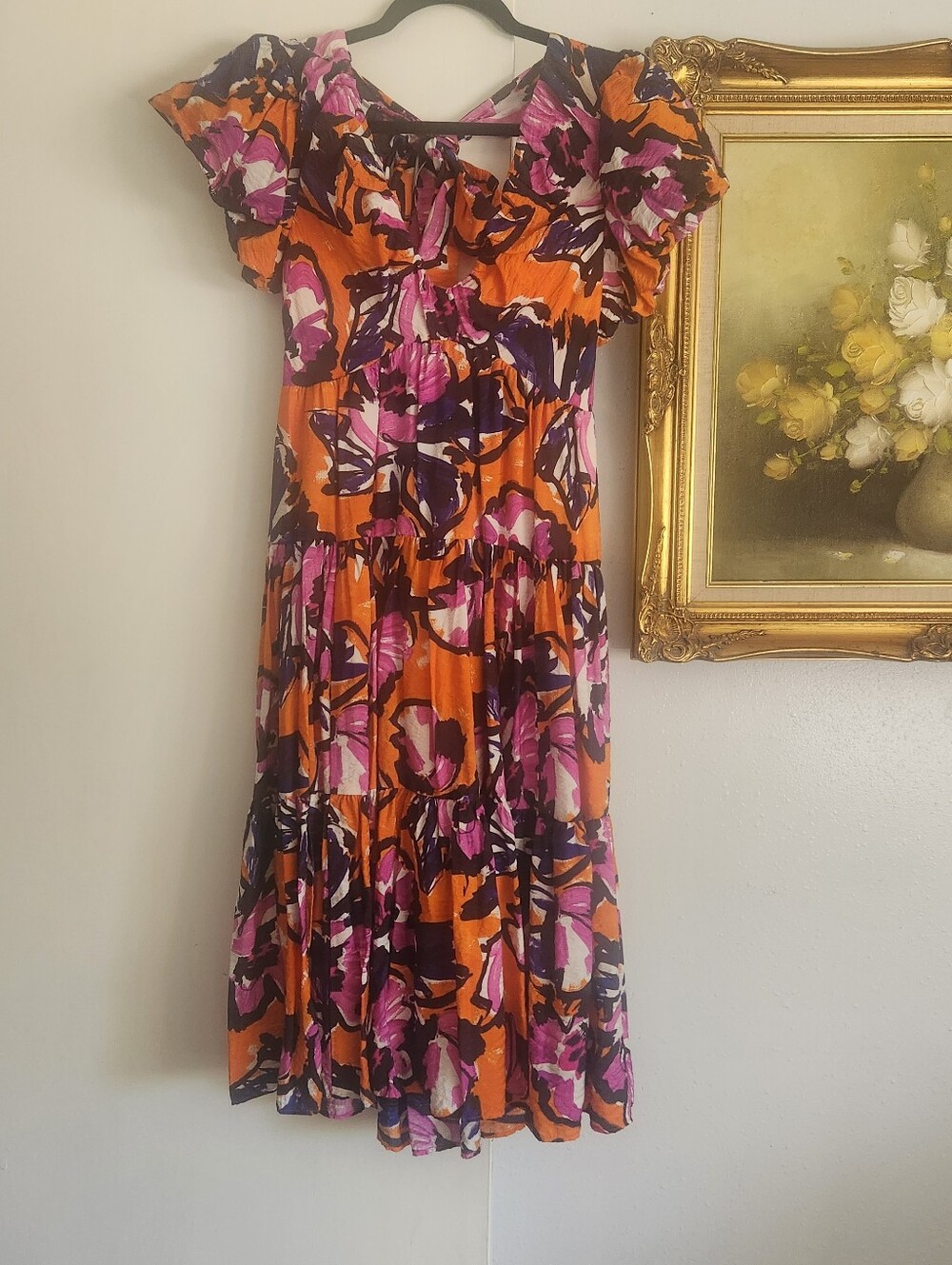 Women’s Anthropologie Tiered Midi Dress in Orange and Pink